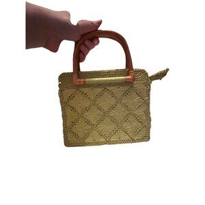 Vintage Woven Straw Handbag With‎ Wooden Handles By Fossil